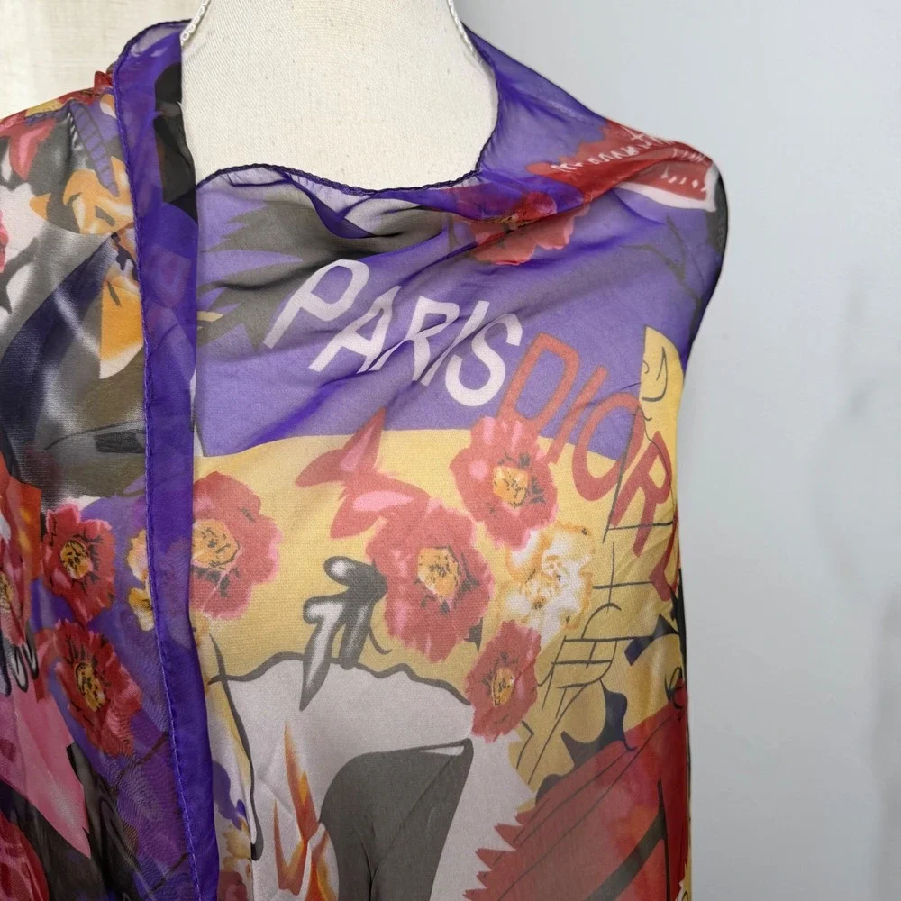 Christian Dior Silk Chiffon Scarf Floral Paris‎ Graphic Purple Italy  66